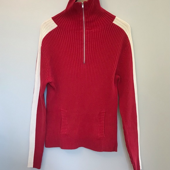 GAP | Y2K Long Sleeved Sporty Red Mock Turtle Neck Sweater w/ White Stripes - Picture 12 of 16